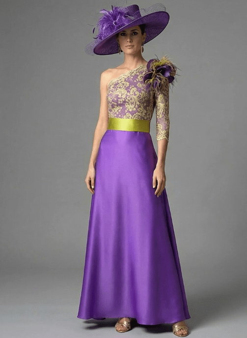 vestido largo de fiesta invitada boda morado y dorado encaje