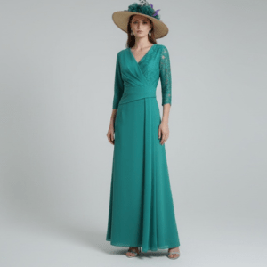 Vestido largo verde para invitada de boda con escote cruzado y manga francesa de encaje elegante