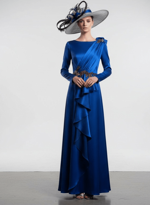 vetsido largo de fiesta invitada boda saten crep brillo azul