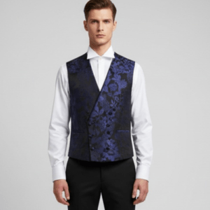 Chaleco azul jacquard para hombre con espalda de raso y regulador ideal para traje de ceremonia y bodas