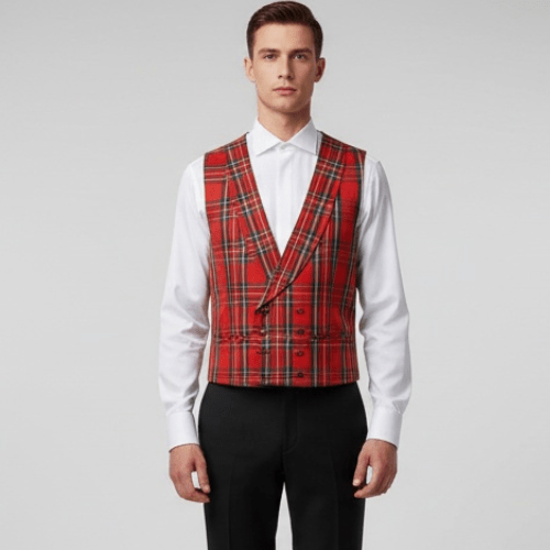 Chaleco de hombre tartán rojo para traje de ceremonia con espalda de raso y regulador ideal para bodas