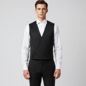 Chaleco de traje negro para hombre ideal para ceremonia, novio o padrino con regulador trasero y espalda del mismo tejido