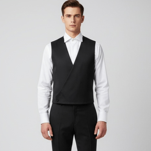Chaleco de traje negro para hombre ideal para ceremonia, novio o padrino con regulador trasero y espalda del mismo tejido