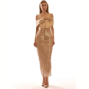 Vestido midi dorado para invitada de boda con escote bardot y falda brillante elegante