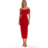 Vestido midi rojo con escote bardot de hombros caídos para invitada de boda