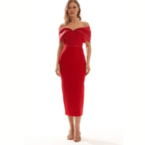 Vestido midi rojo con escote bardot de hombros caídos para invitada de boda