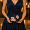 Bolso de fiesta azul marino tipo clutch con flores nude y detalle de pedrería elegante