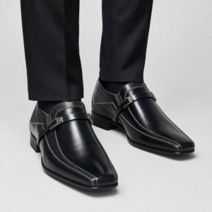 mocasin negro frontal adorno metalico.