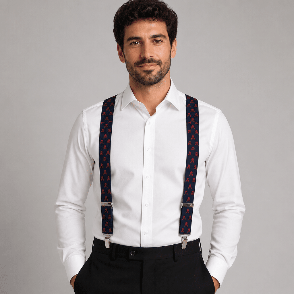 Tirantes de hombre azul marino con calaveras rojas para traje