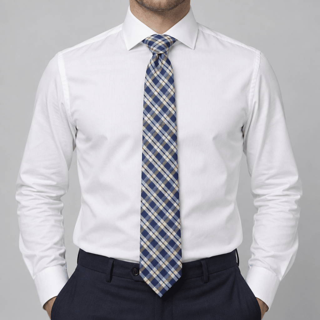 Corbata azul marino de cuadros en tonos beige y blanco para hombre