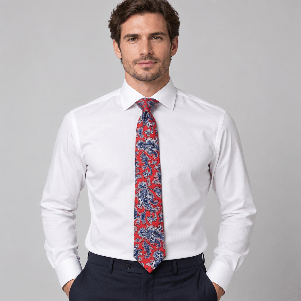 Corbata roja paisley para hombre con estampado azul y blanco