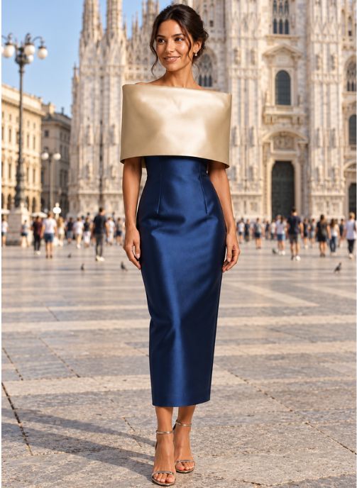 vestido de fiesta midi azul marino con cuello vuelto champang invitada boda valencia