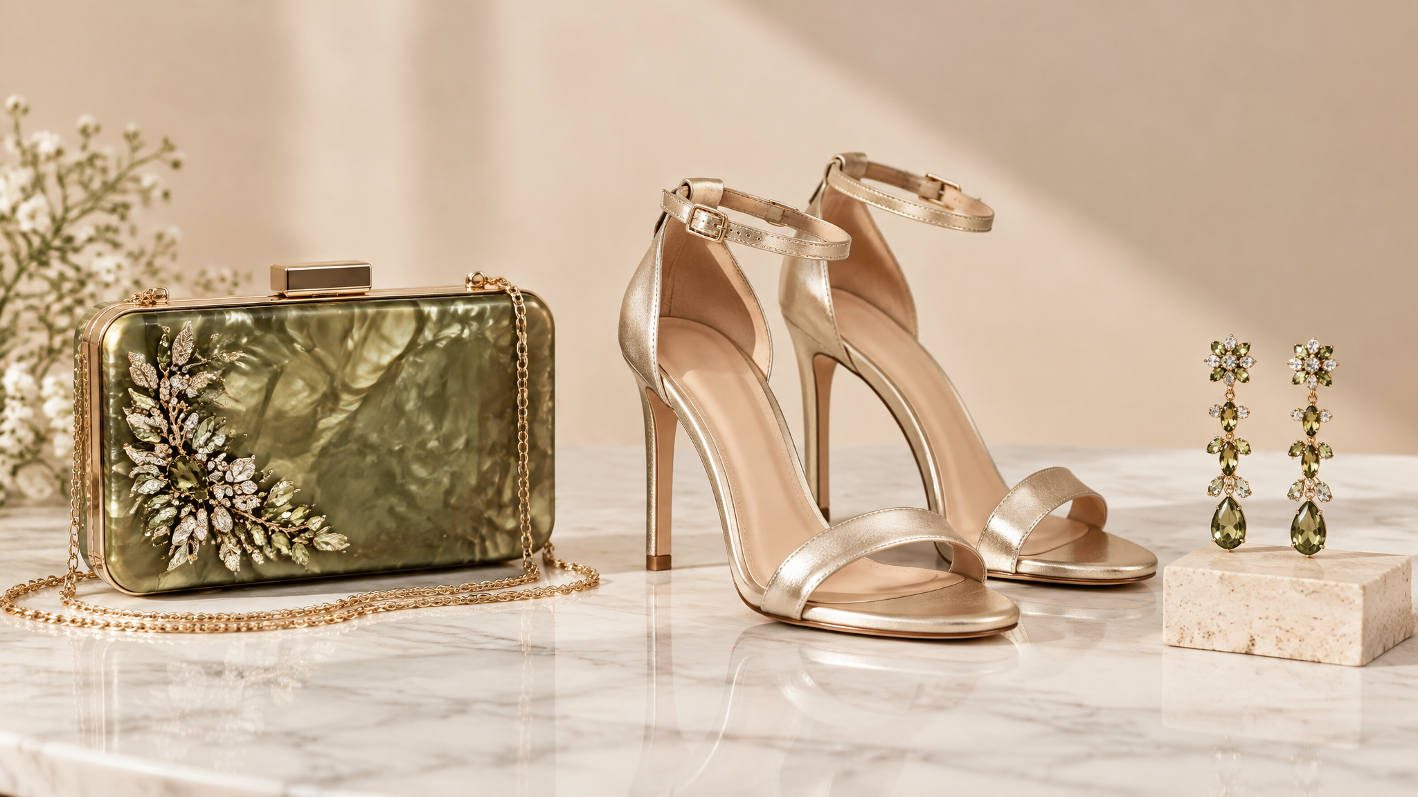 Guía de complementos de fiesta para invitada mostrando clutch de nácar zapatos de tacón y joyas elegantes