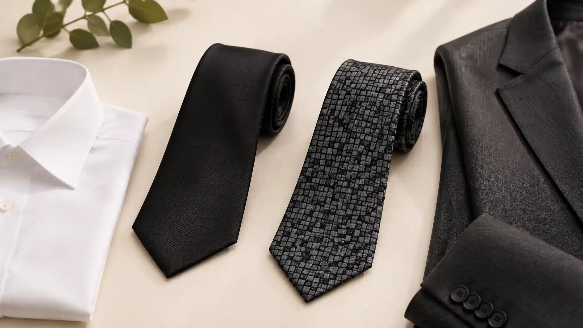 Corbatas negras de hombre lisa y estampada junto a una camisa blanca y una chaqueta gris.