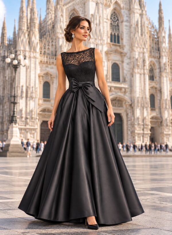 vestido de fiesta negro cuerpo encaje falda mikado clavariesa
