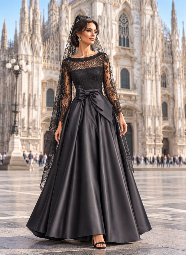 vestido de fiesta negro cuerpo encaje falda mikado clavariesa con manga valencia