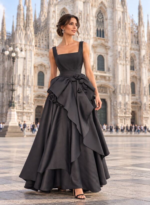 vestido de fiesta negro escote cuadrado falda mikado valencia